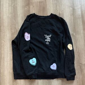 White Fox Boutique Black Sweatshirt with Heart Patches